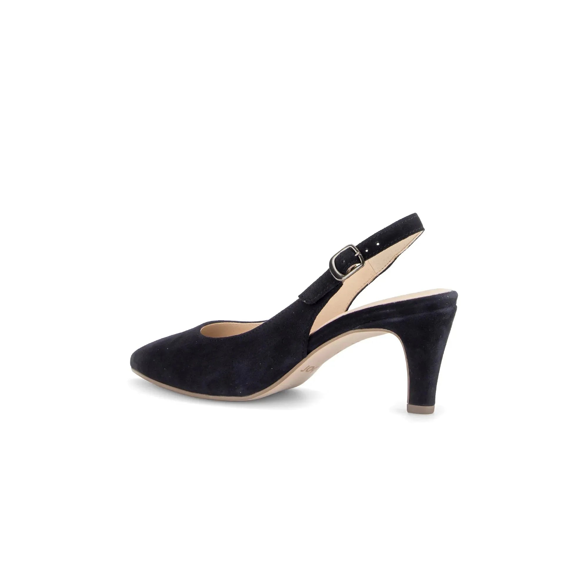 Gabor Lazona women's dark blue suede slingback high heels with a medium block heel and ankle strap.