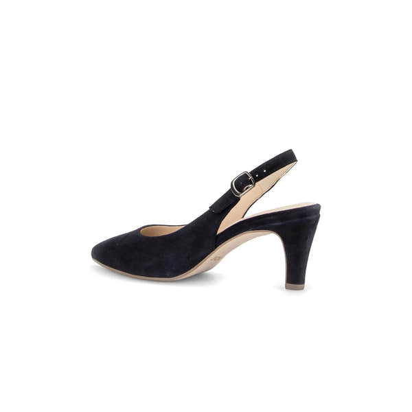 Gabor Lazona women's dark blue suede slingback high heels with a medium block heel and ankle strap.