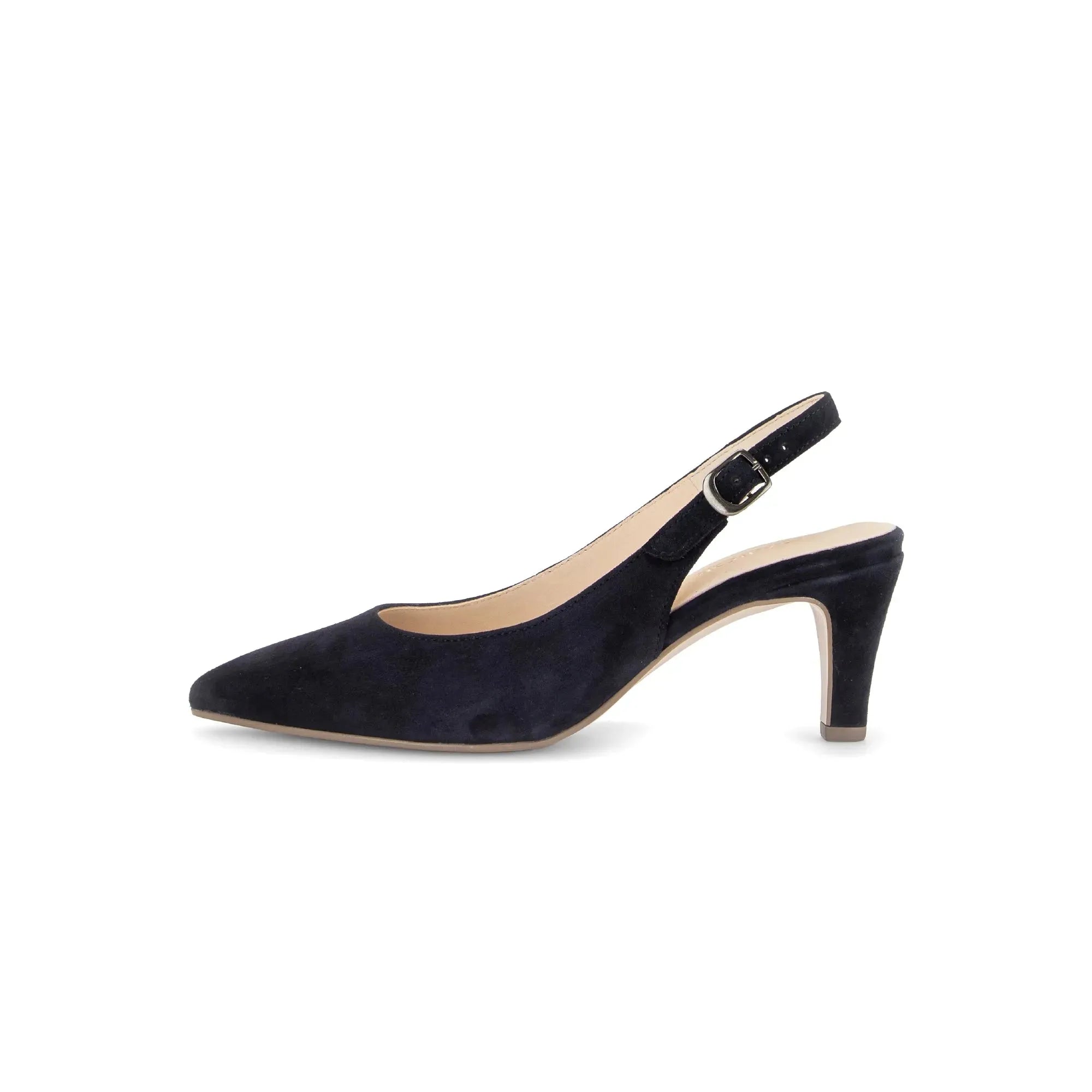 Gabor Lazona women's dark blue suede slingback high heels with pointed toes and ankle buckle strap.