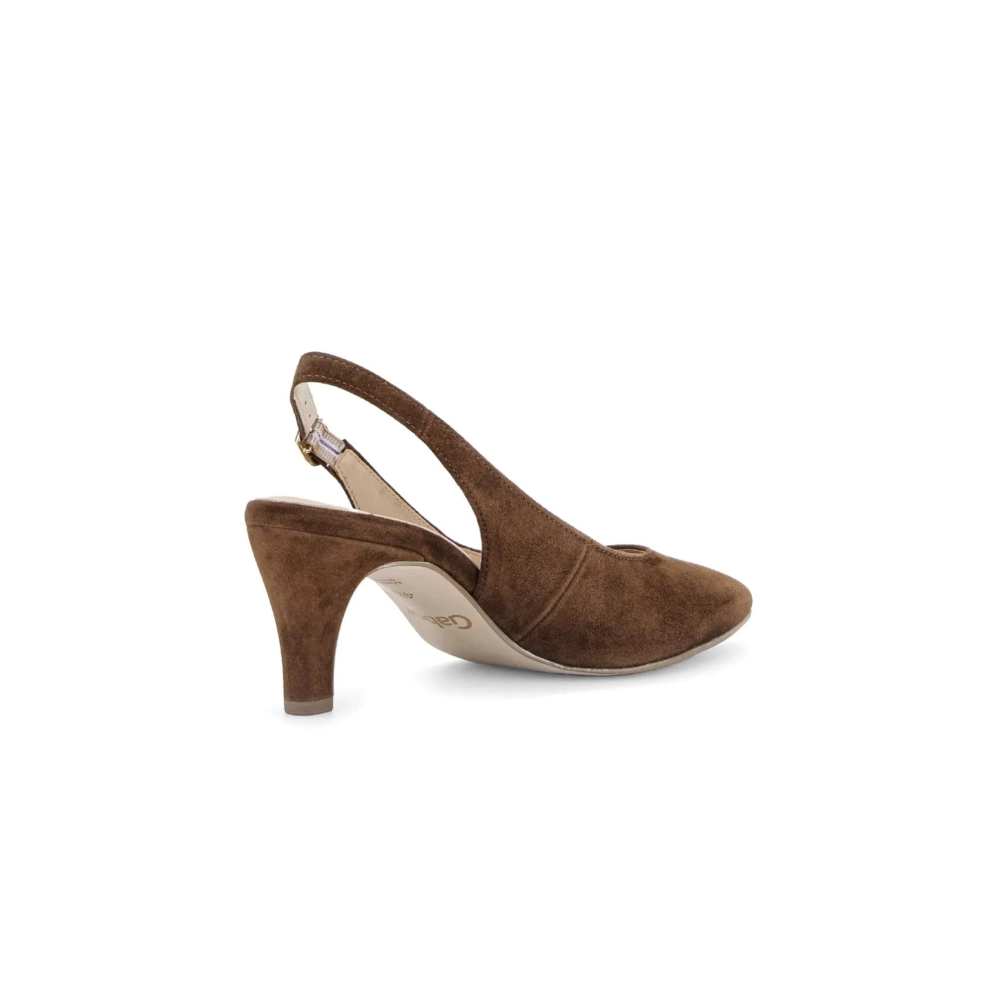 Gabor Lazona women's brown suede slingback heels with a mid-height curved heel and open toe design.