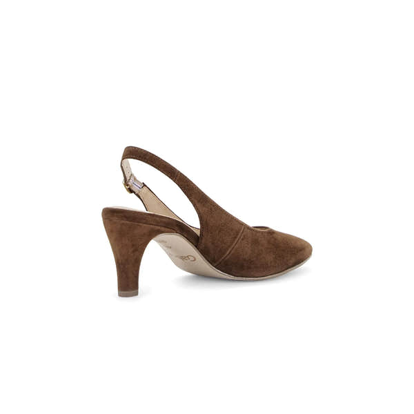 Gabor Lazona women's brown suede slingback heels with a mid-height curved heel and open toe design.