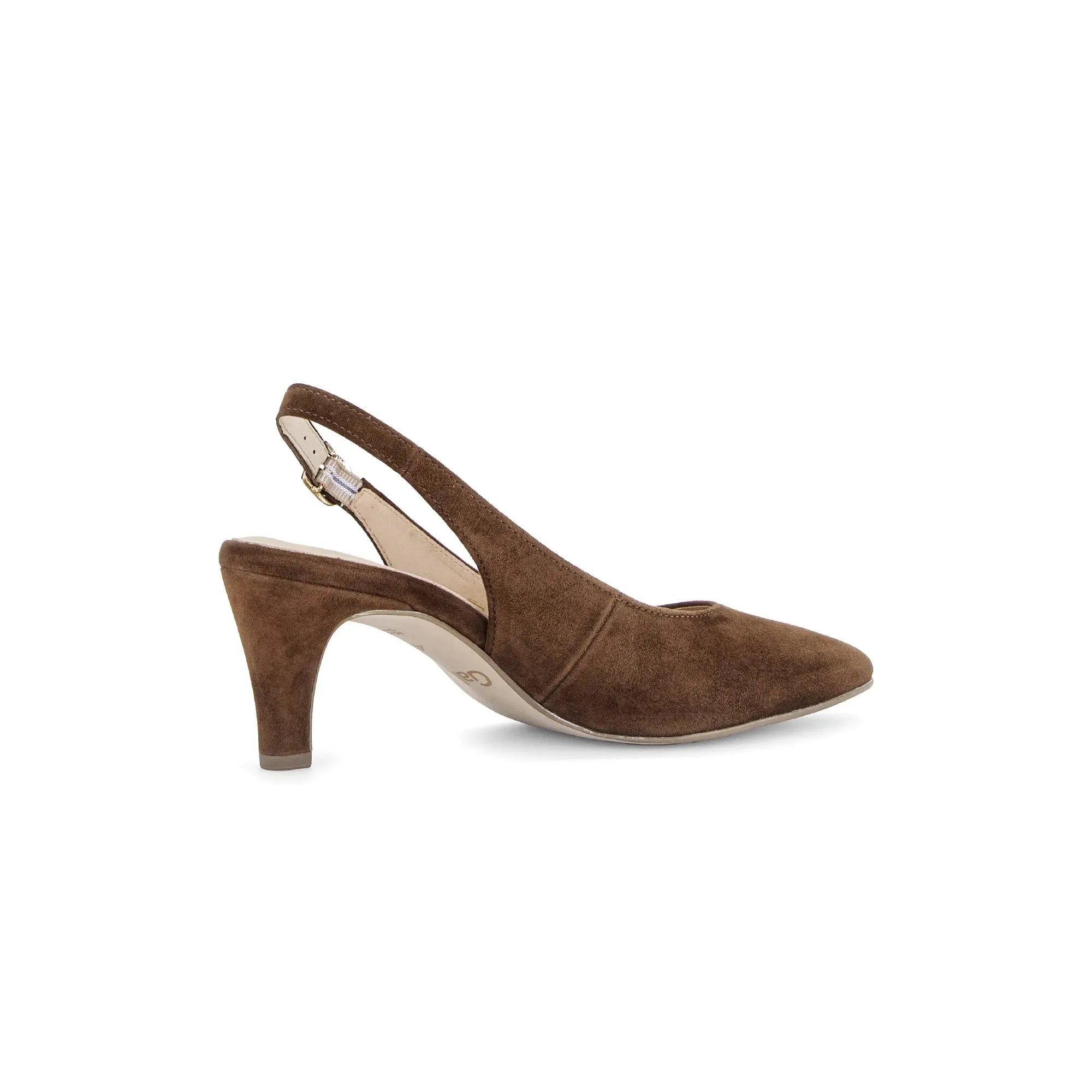 Gabor Lazona women's brown suede sling back heel with mid-height heel and pointed toe, stylish and elegant footwear.