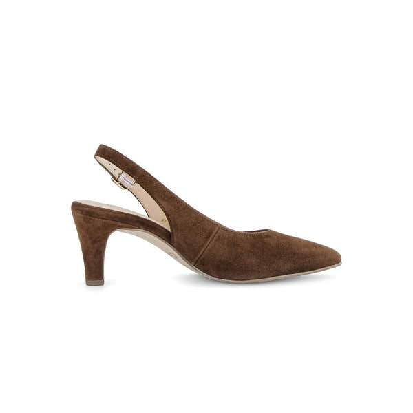 Gabor Lazona women's chocolate brown suede sling back heels with pointed toe and mid-height curved block heel.