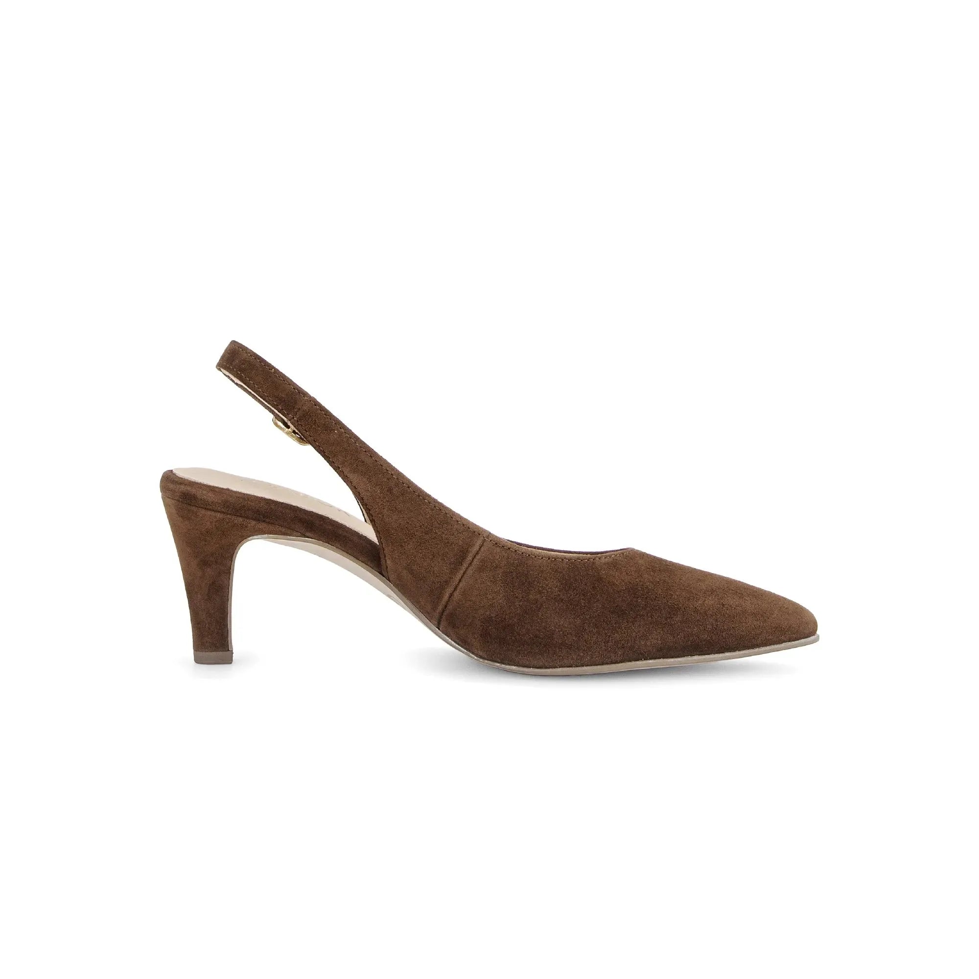 Gabor Lazona women's chocolate brown suede sling back heels with pointed toe and mid-height stiletto heel.