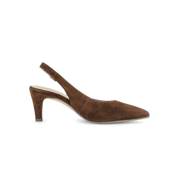 Gabor Lazona women's chocolate brown suede sling back heels with pointed toe and mid-height stiletto heel.
