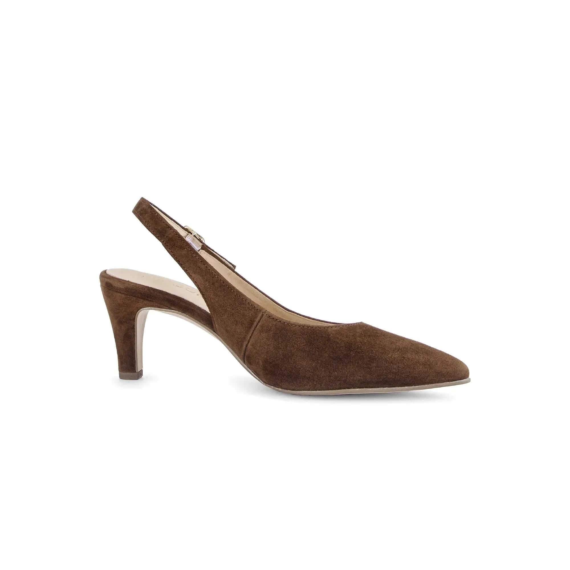 Gabor Lazona women's chocolate brown suede sling back heels with pointed toe and mid-height stiletto.