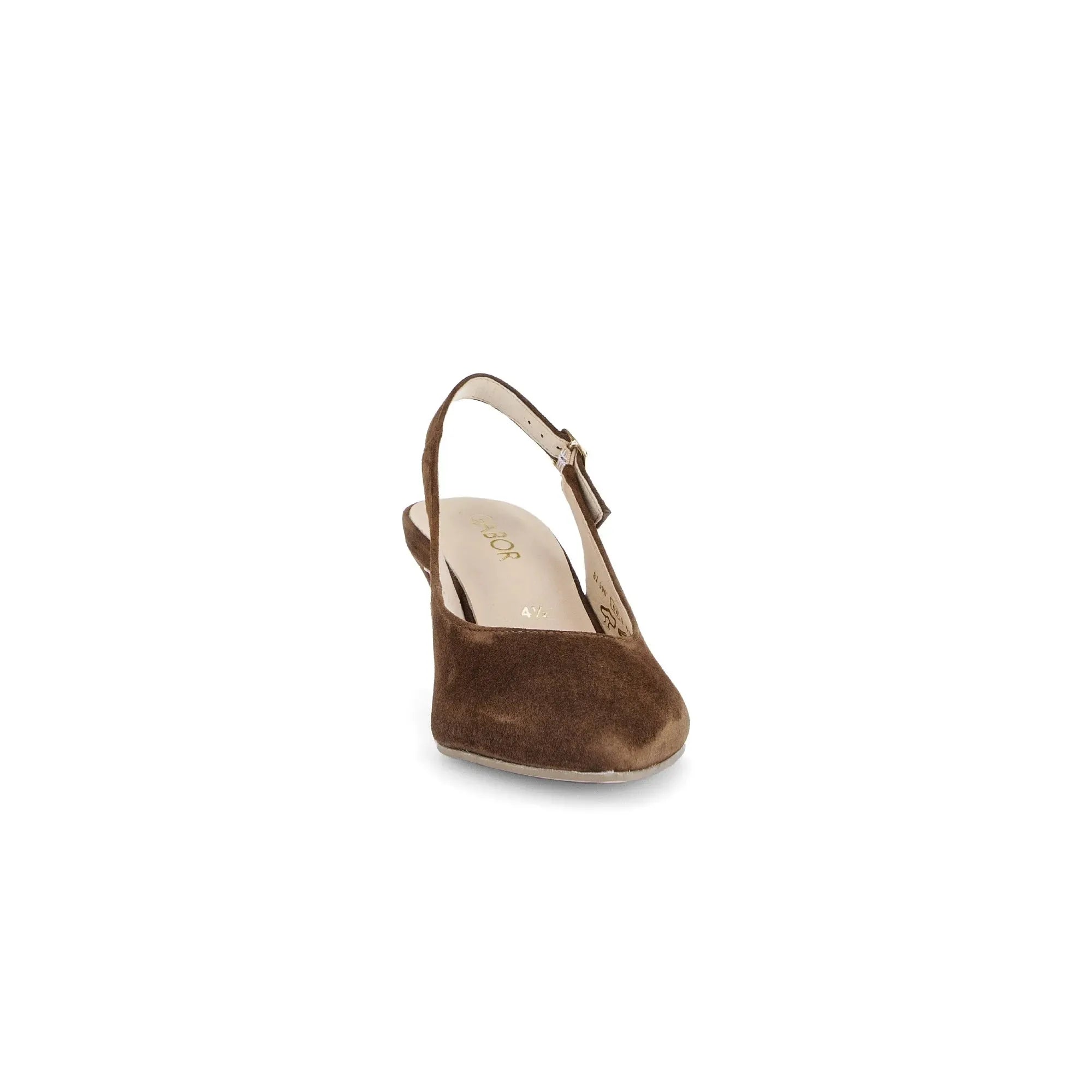 Gabor Lazona Ladies Chocolate Brown Suede Sling Back Heels with ankle strap and pointed toe.