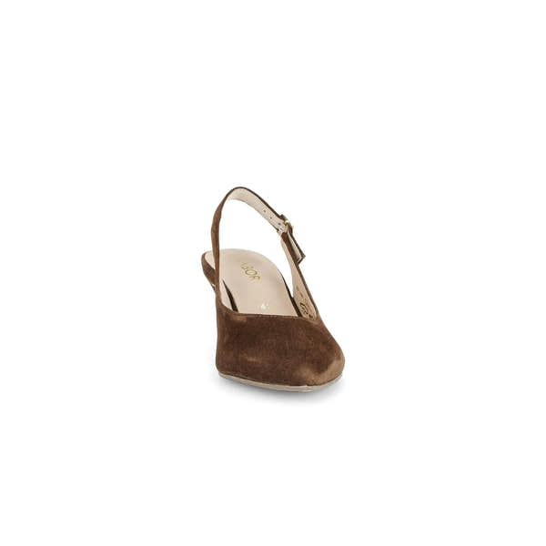 Gabor Lazona Ladies Chocolate Brown Suede Sling Back Heels with ankle strap and pointed toe.
