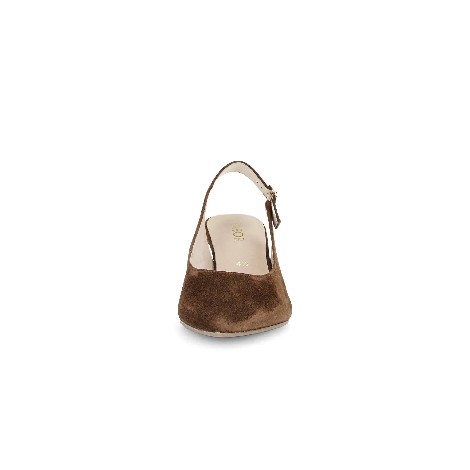 Gabor Lazona women's chocolate brown suede slingback heels with a pointed toe and low block heel.