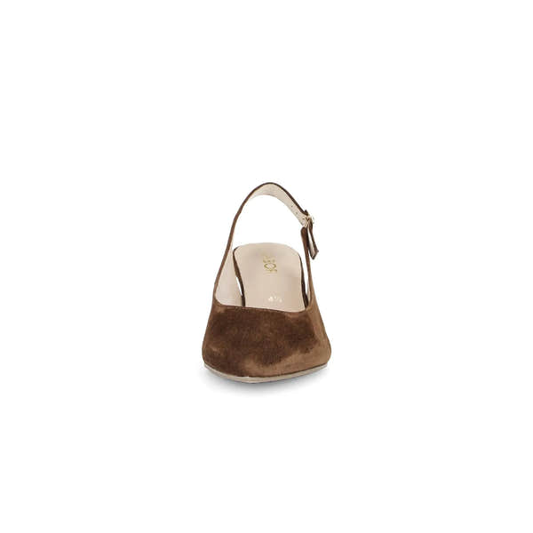 Gabor Lazona women's chocolate brown suede slingback heels with a pointed toe and low block heel.