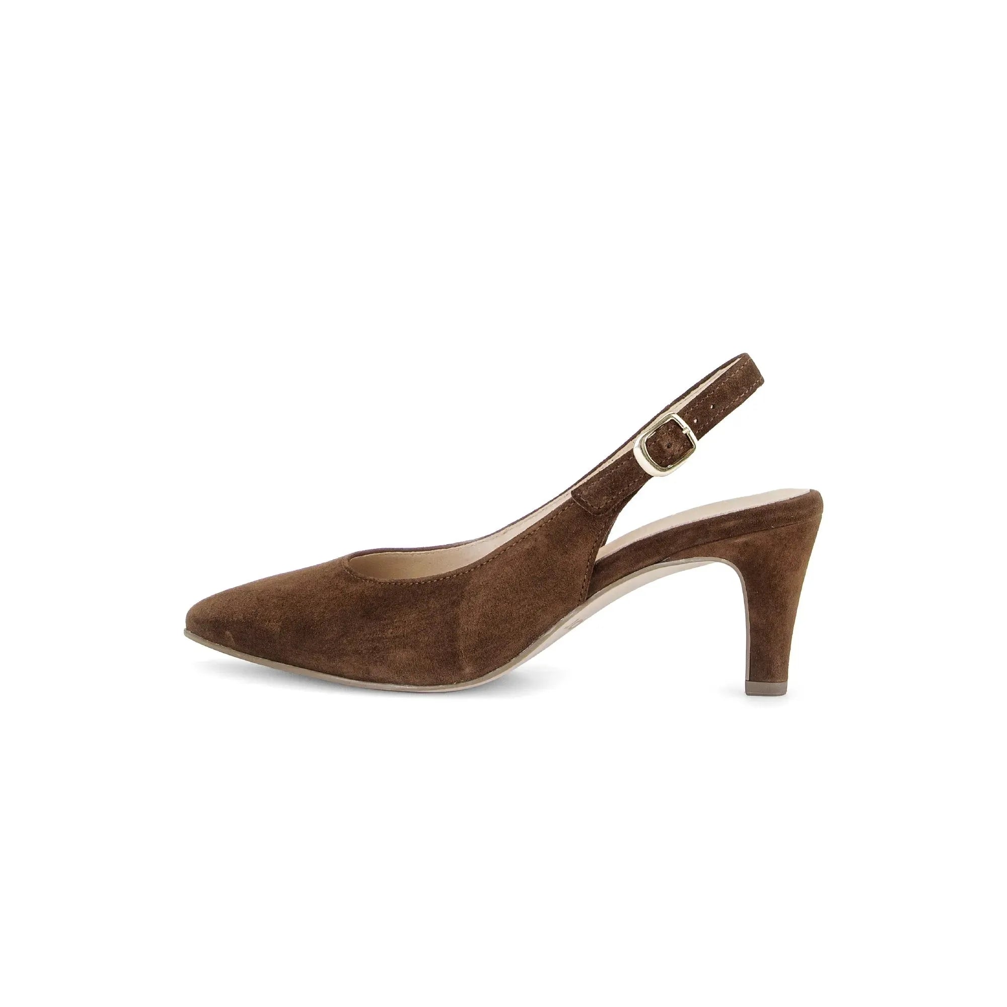 Gabor Lazona women's chocolate brown suede slingback high heel pumps with pointed toe and ankle strap.