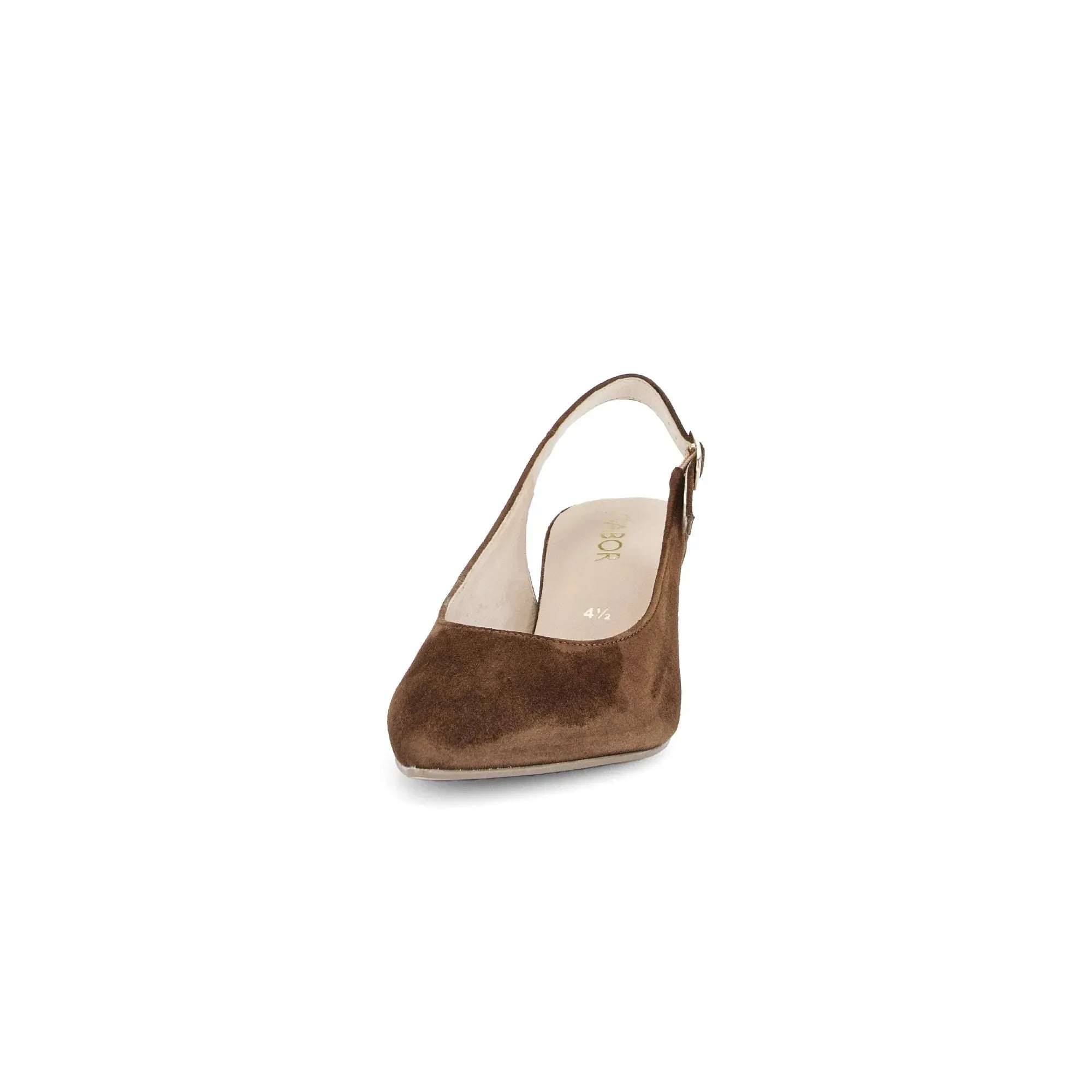 Gabor Lazona women's chocolate brown suede slingback heels with pointed toes and 4.5-inch heels.