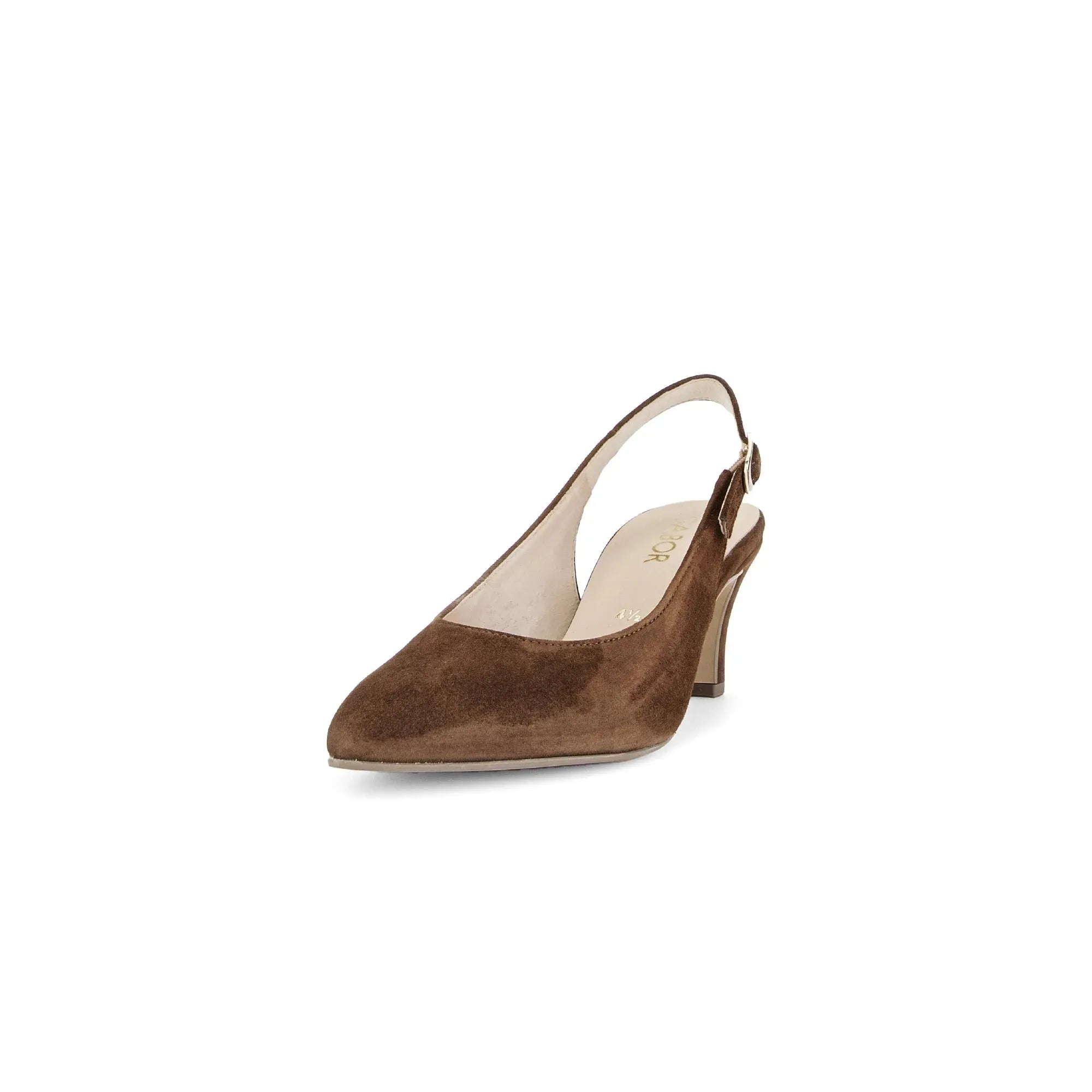 Women's chocolate brown suede slingback high heels with pointed toe and stiletto heel.