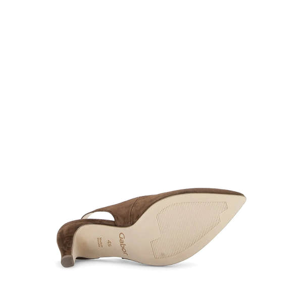 Gabor 81.590.18 Lazona women's chocolate brown suede sling back heels with low heel and pointed toe.