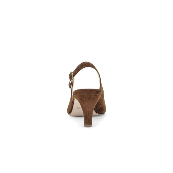 Gabor Lazona women's chocolate brown suede slingback heel with ankle strap and chunky high heel.
