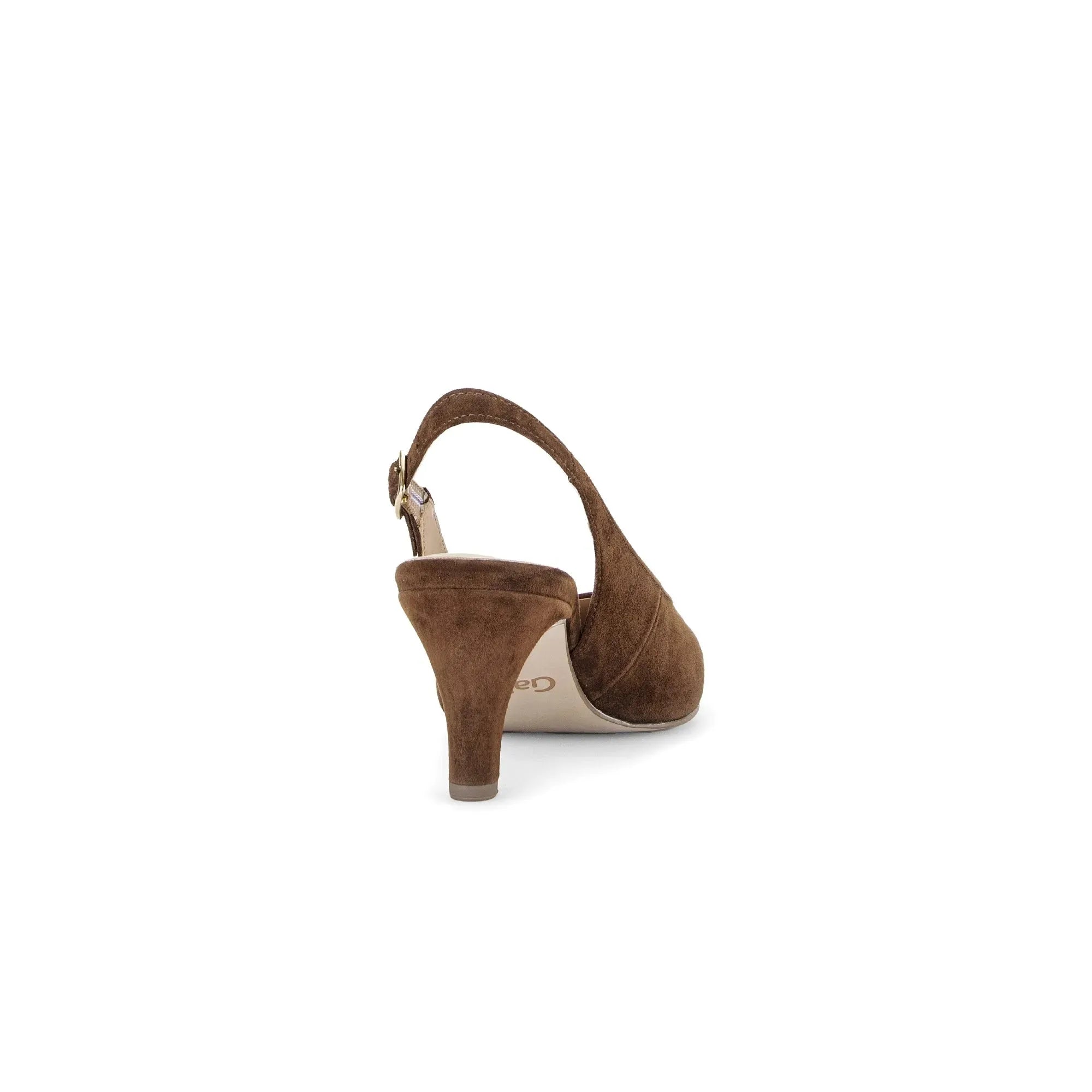 Gabor Lazona women's chocolate brown suede sling back high heels with a chunky heel and ankle strap.