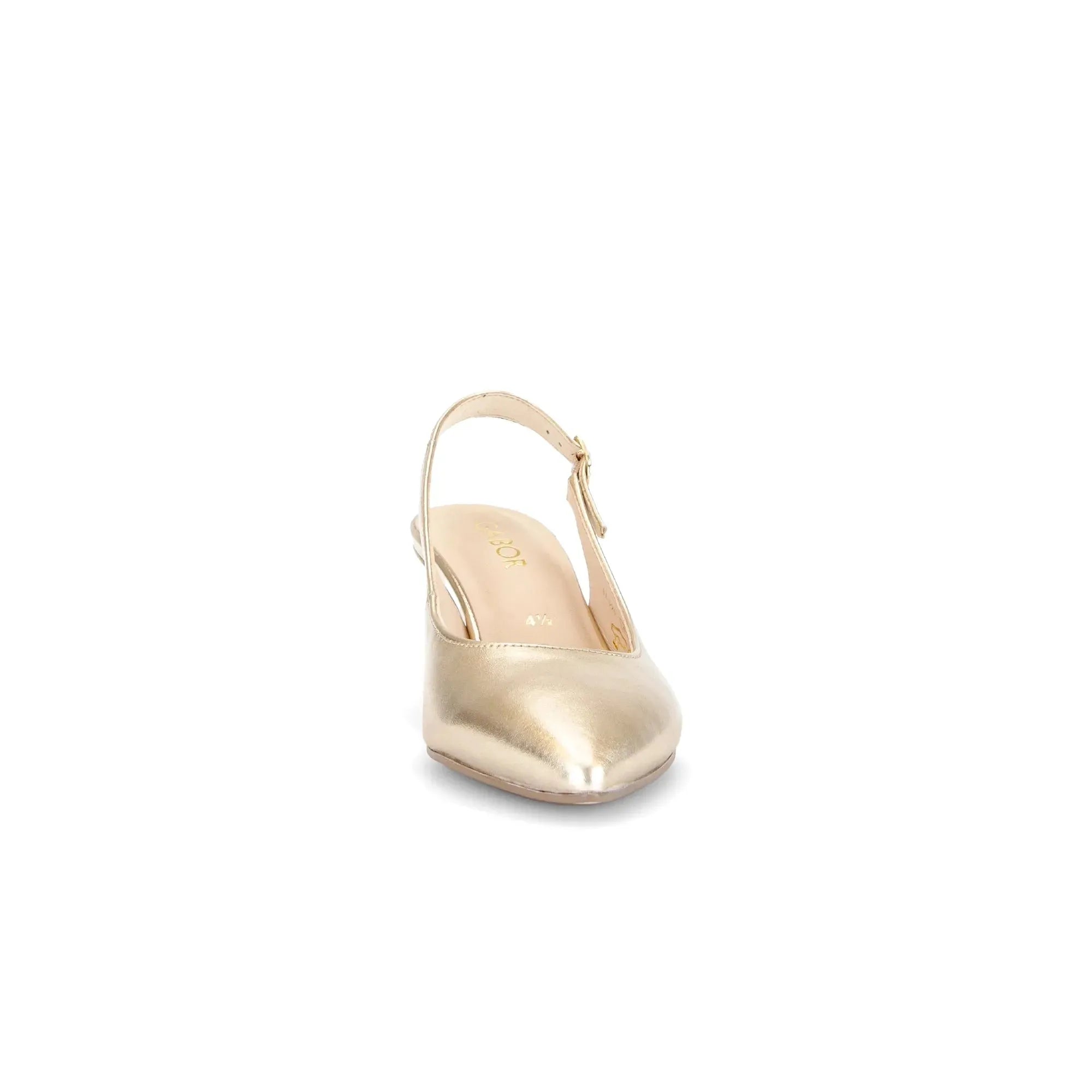 Gabor Lazona Ladies Platino Leather Sling Back Heels with pointed toe and ankle strap.