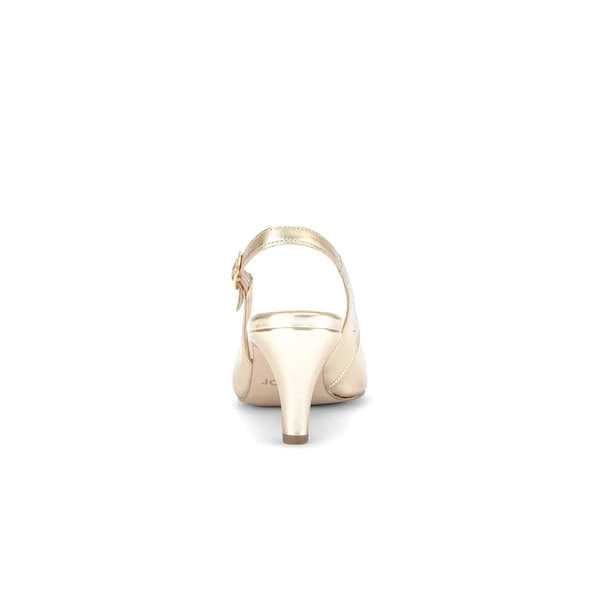 Gabor Lazona Ladies Platino Leather Slingback Heels with high block heel and ankle buckle.