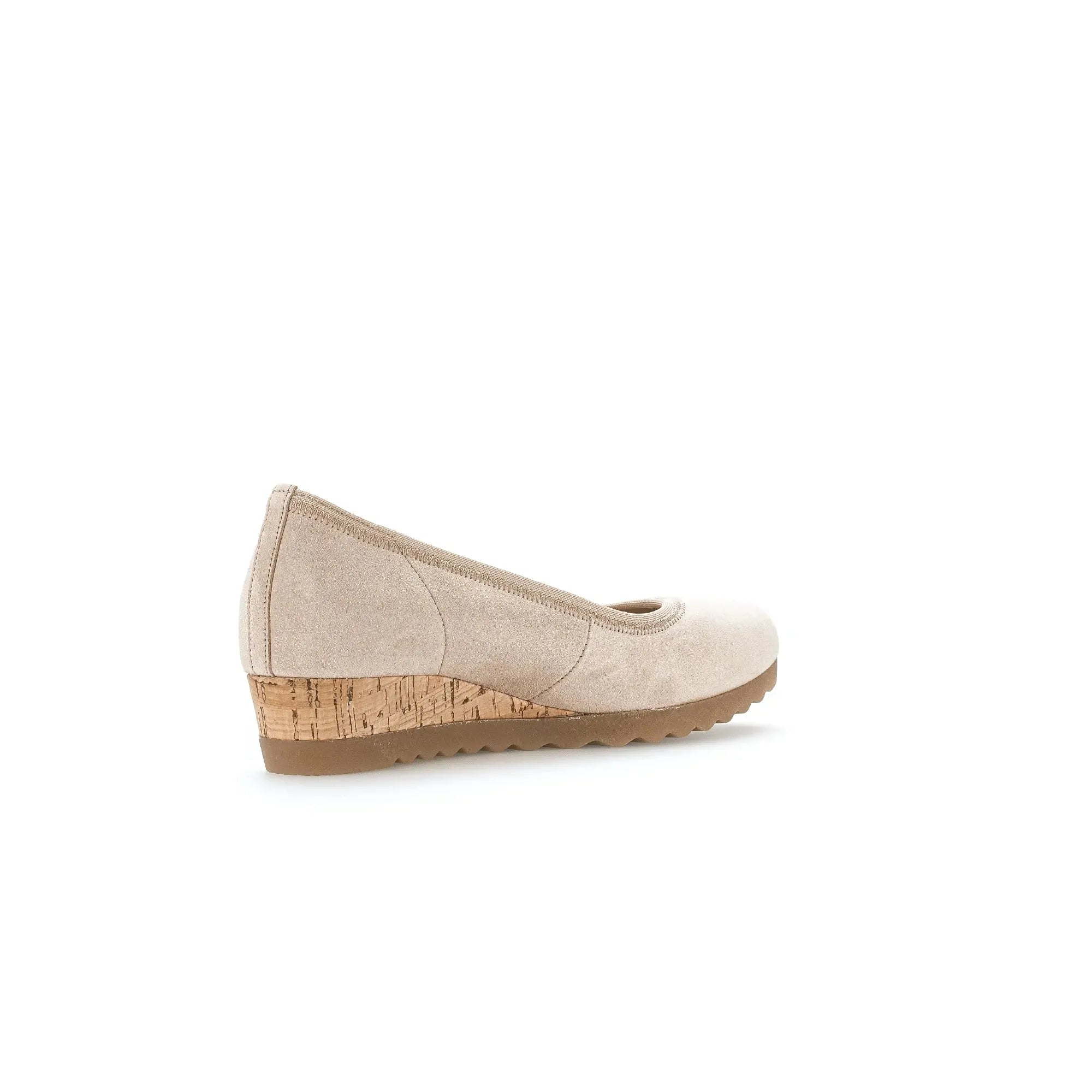 Gabor Epworth Ladies Beige Suede Wedge Shoes with elasticated sides and cork wedge heel.