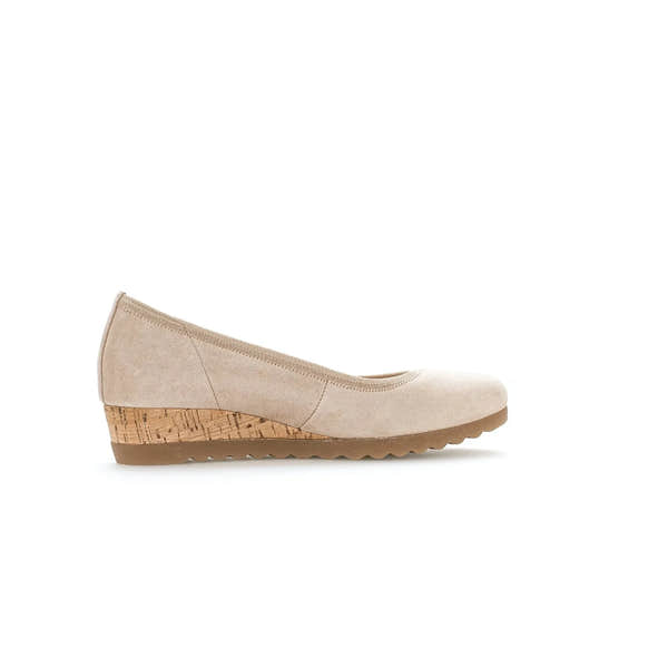 Gabor Epworth beige suede ladies' elasticated wedge shoes with cork heel and rubber sole.