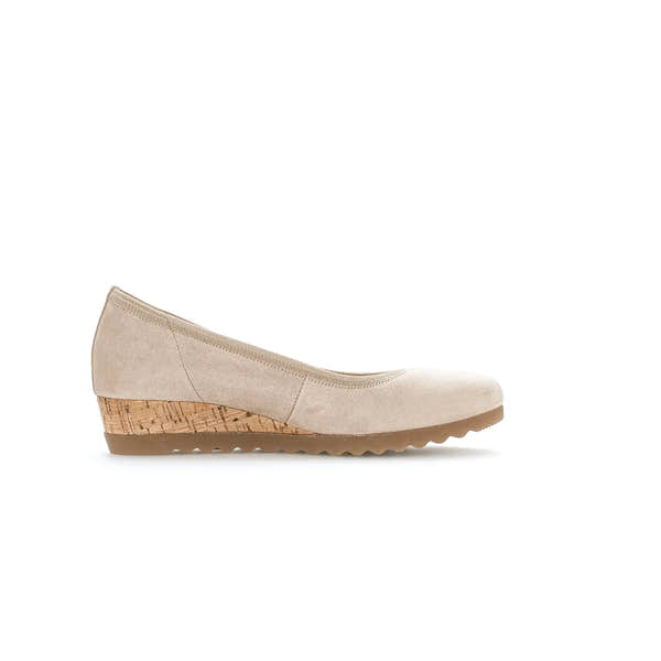 Gabor Epworth Ladies Beige Suede Elasticated Shoes with cork wedge heel and textured sole.