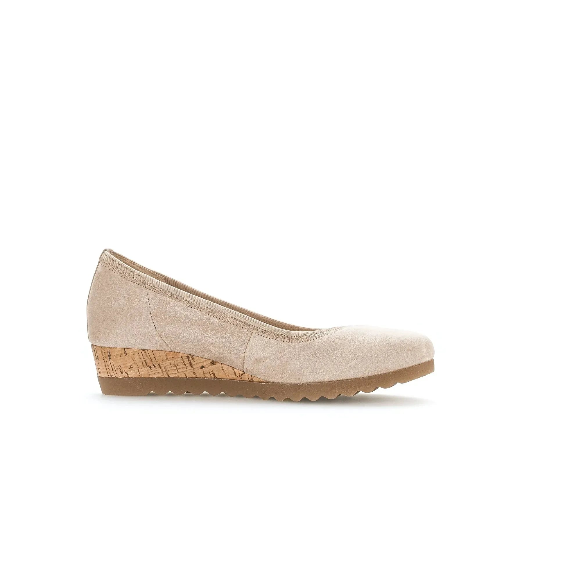 Gabor Epworth Ladies Beige Suede Elasticated Shoes with Cork wedge heel and rubber sole.