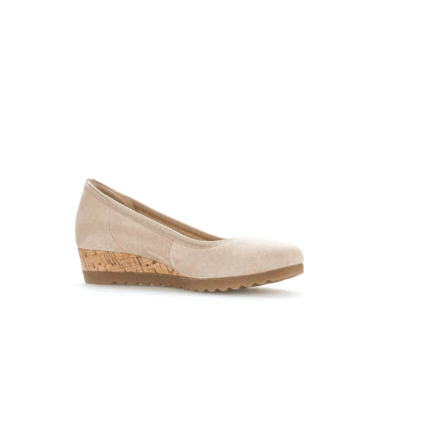 Gabor Epworth women's beige suede elasticated wedge shoes with cork heel and slip-on design.