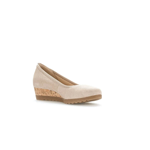 Gabor Epworth beige suede ladies wedge shoes with elasticated sides and cork detail on the heel.
