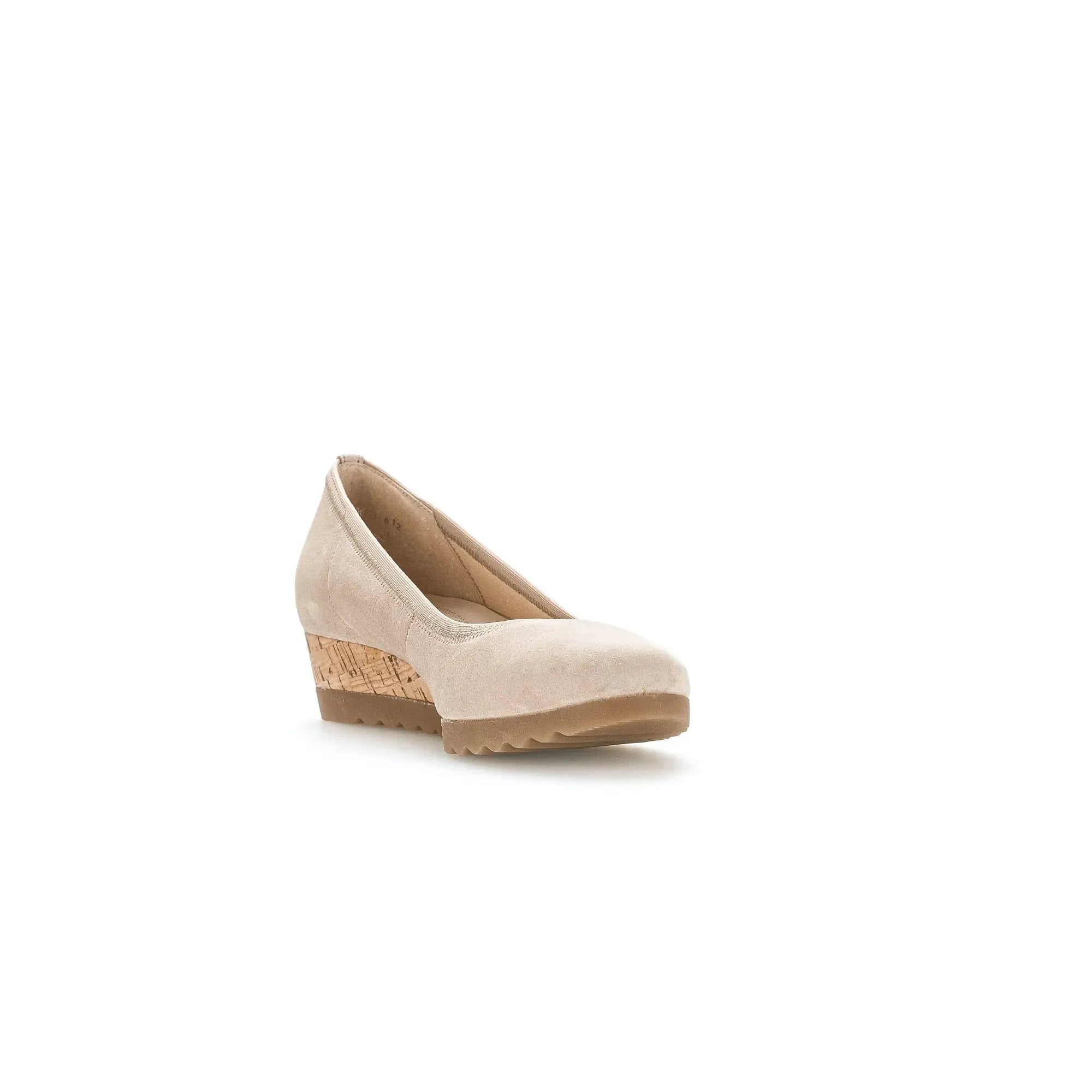 Gabor Epworth beige suede ladies wedge shoes with elasticated sides and cork heel, casual and stylish footwear.