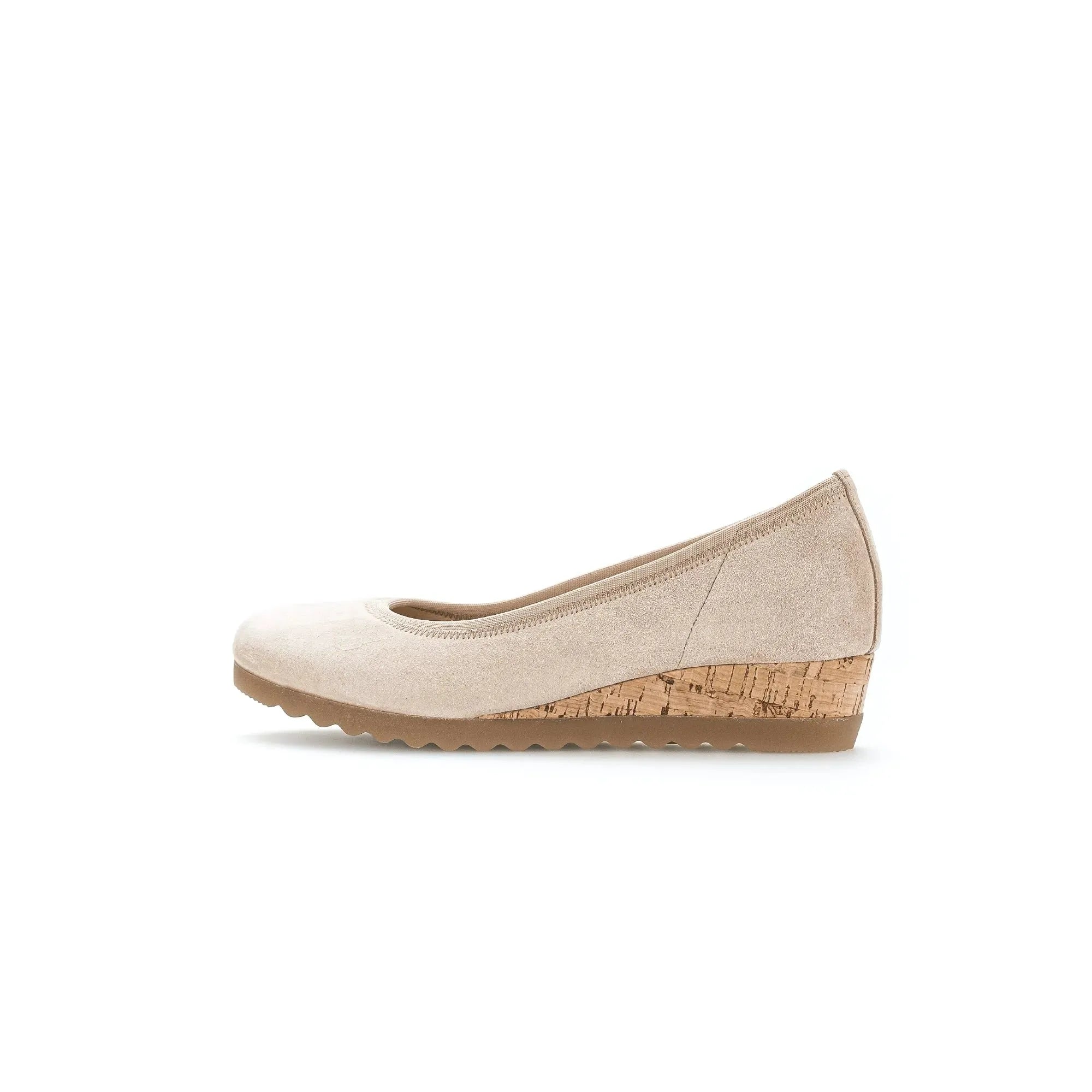 Gabor Epworth beige suede ladies wedge shoes with elasticated design and cork heel, slip-on style.