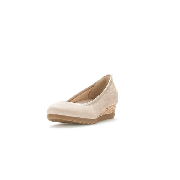 Gabor Epworth Beige Suede Ladies Wedge Shoes with elasticated sides and cork heel, stylish and comfortable footwear.