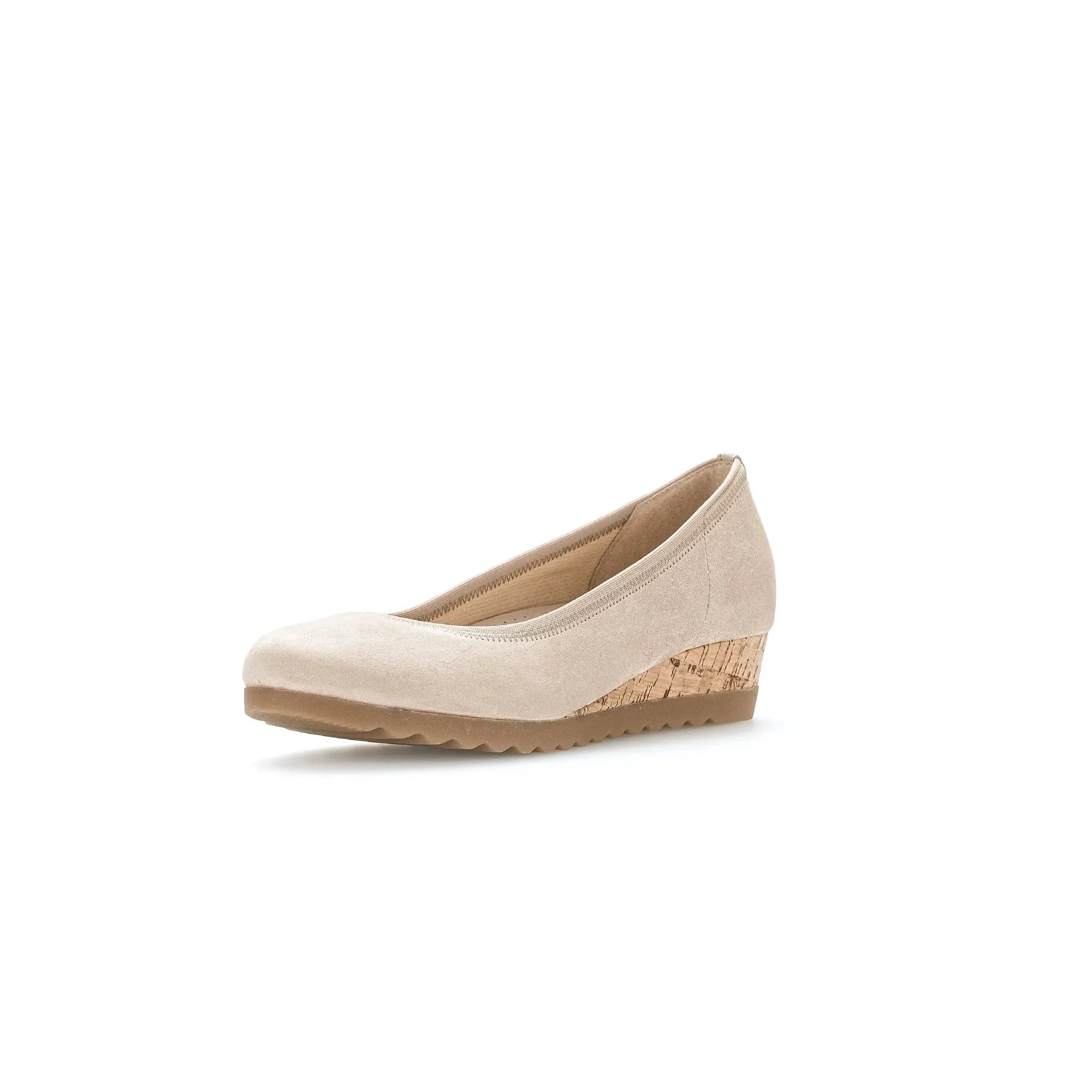 Gabor Epworth ladies beige suede wedge shoes with elasticated upper and cork heel, stylish and comfortable footwear.
