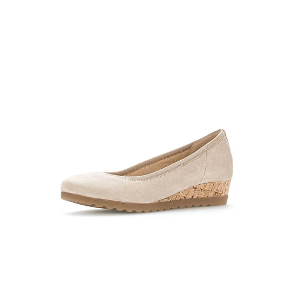 Gabor Epworth Ladies Beige Suede Wedge Shoes with elasticated upper and cork heel for comfort and style.