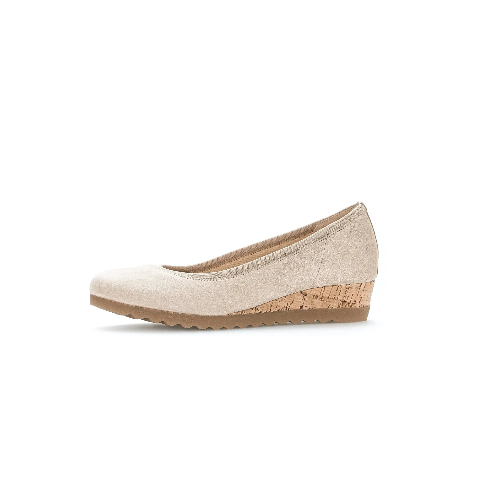 Gabor Epworth Ladies Beige Suede Wedge Shoes with Elasticated Upper and Cork Platform, stylish and comfortable footwear.