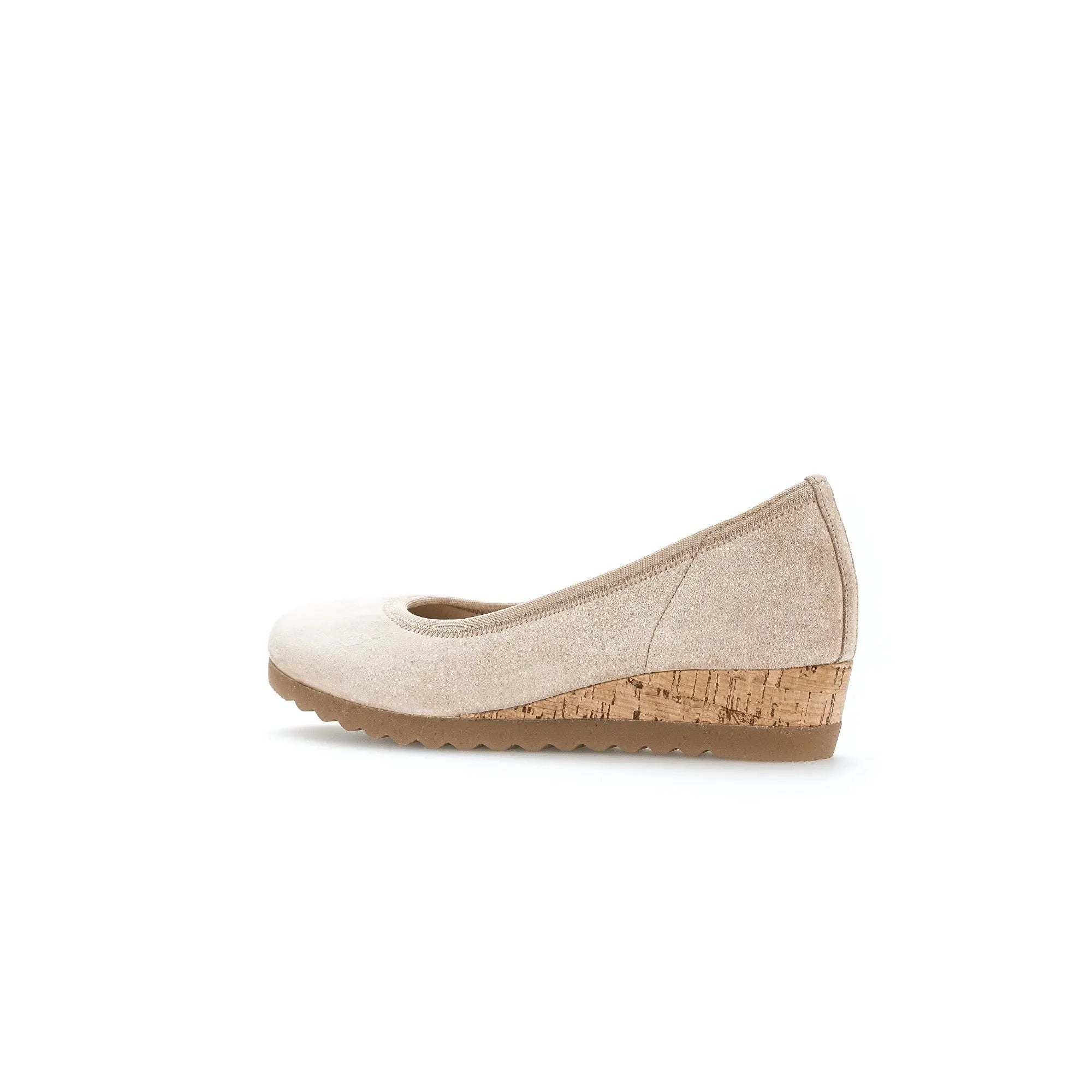 Gabor Epworth beige suede ladies wedge shoes with elasticated upper and cork heel for comfort and style.
