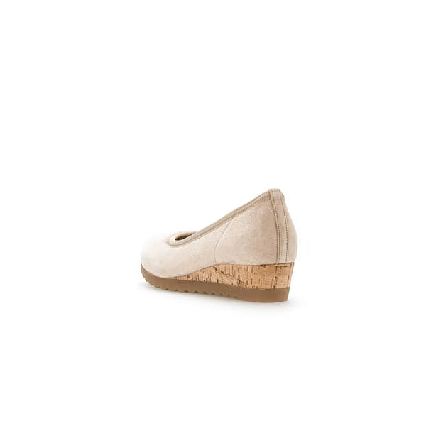 Gabor Epworth ladies beige suede wedge shoes with elasticated sides and cork heel.