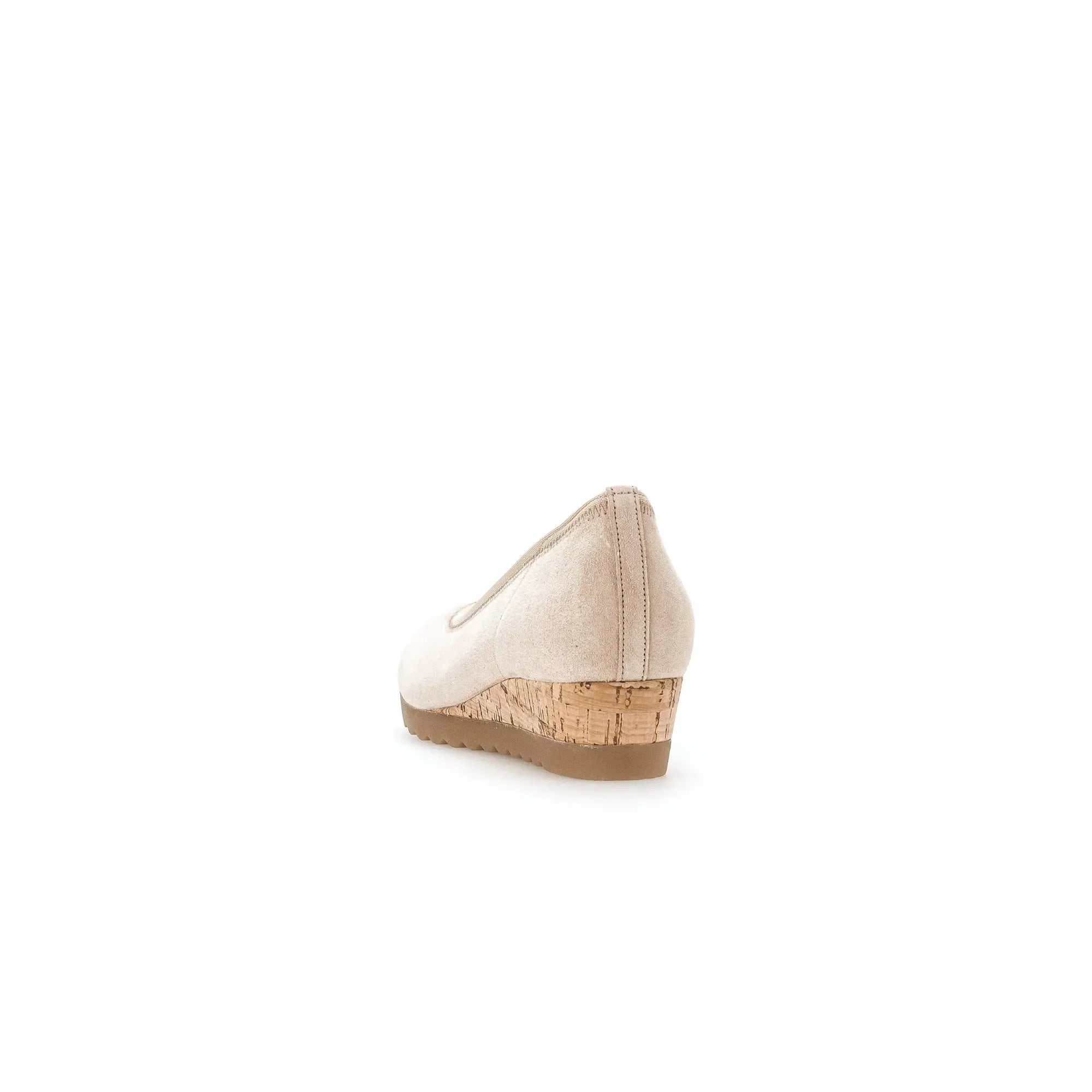 Gabor Epworth Ladies Beige Suede Wedge Shoes with Elasticated Design and Cork Heel, comfortable and stylish footwear.