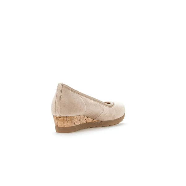 Gabor Epworth Ladies Beige Suede Wedge Shoes with elasticated sides and cork heel, stylish and comfortable footwear.