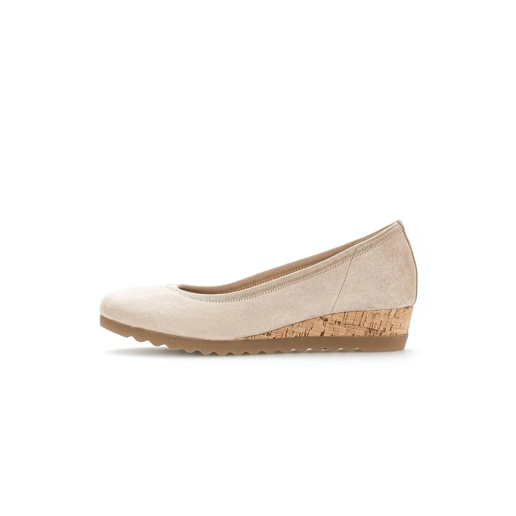 Gabor Epworth ladies beige suede wedge shoes with elasticated top and cork heel.