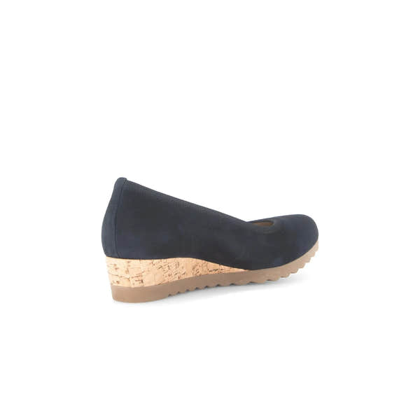 Gabor Epworth women's dark blue suede wedge shoes with elasticated sides and cork heel.