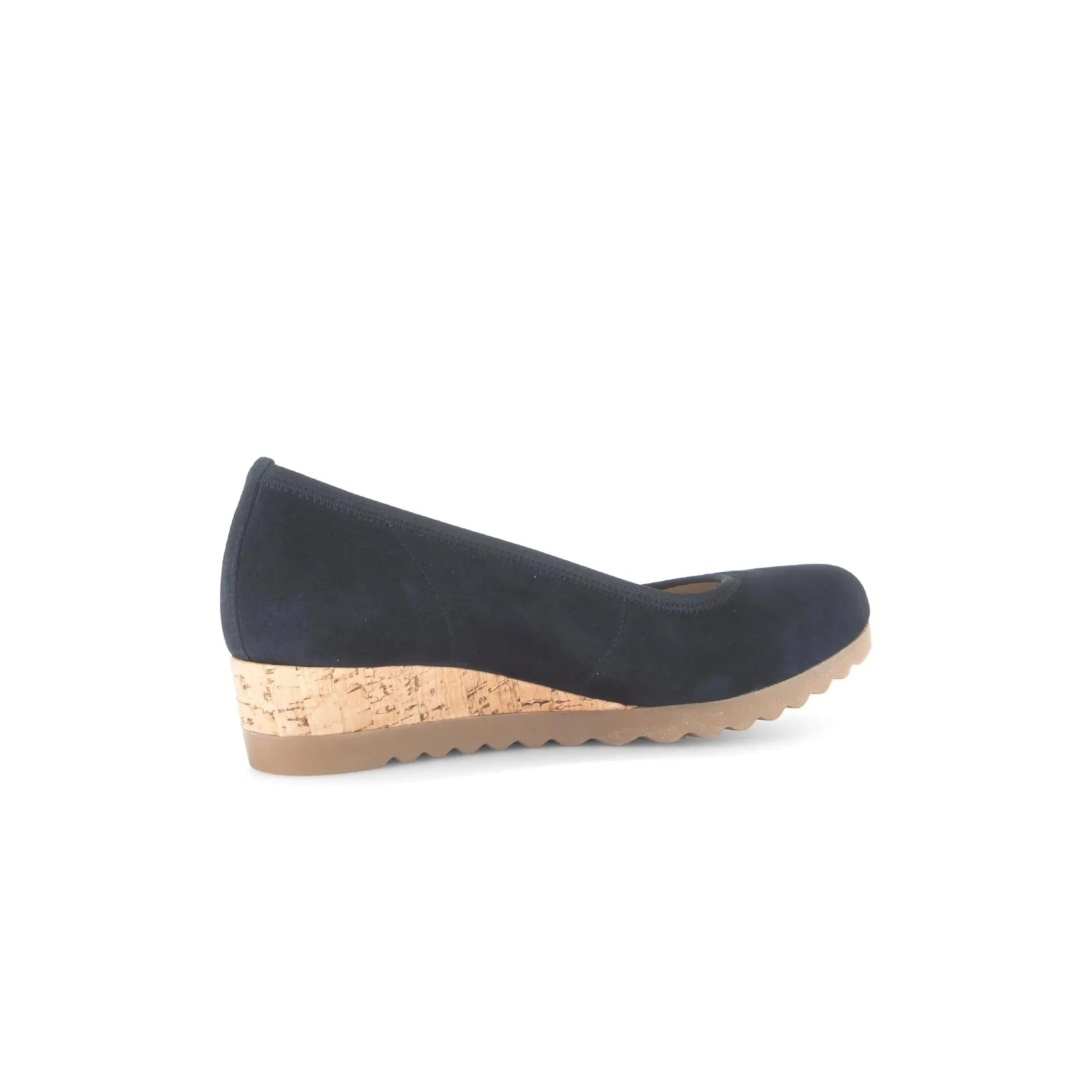 Dark blue suede women's wedge shoes with elastic sides and cork heel, Gabor Epworth model.