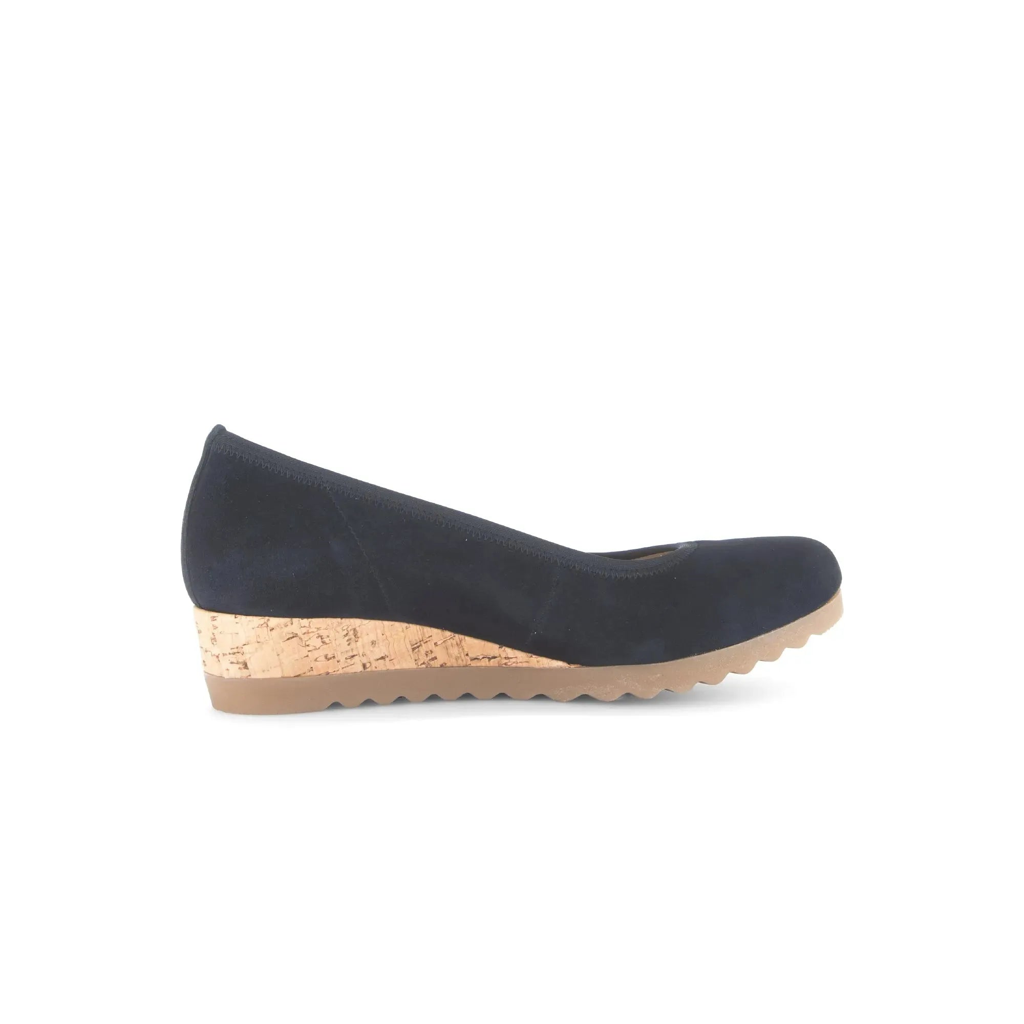 Gabor Epworth Ladies Dark Blue Suede Elasticated Wedge Shoes with cork heel and rubber sole.