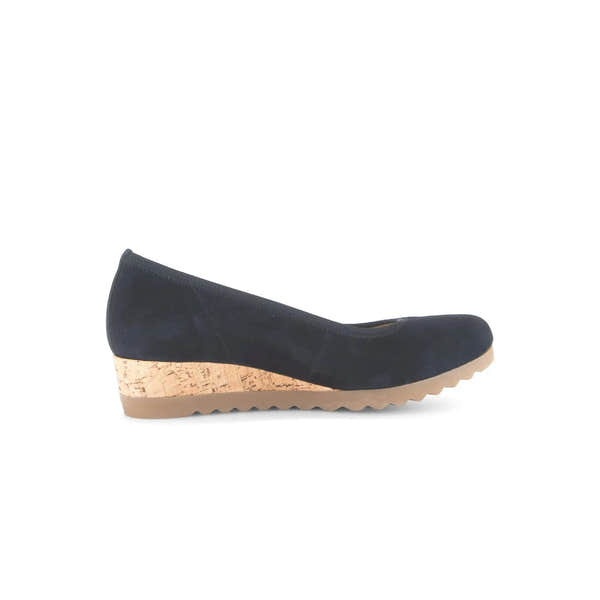 Gabor Epworth Ladies Dark Blue Suede Elasticated Wedge Shoes with cork heel and rubber sole.