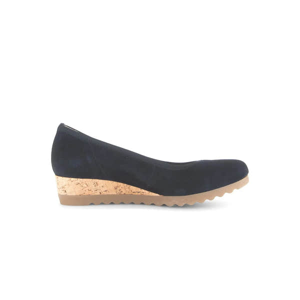 Gabor Epworth women's dark blue suede elasticated wedge shoes with cork heel and rubber sole.