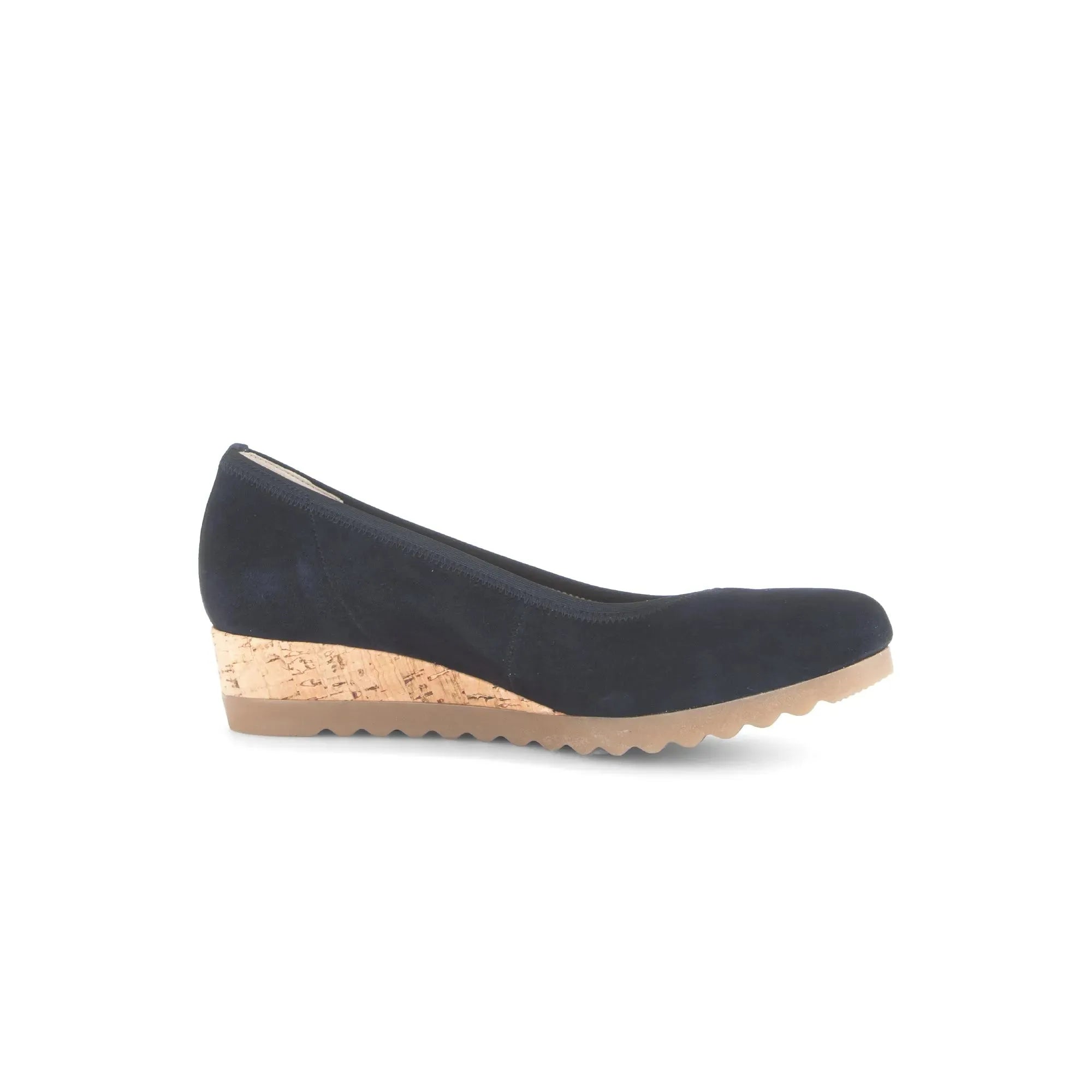 Gabor women's dark blue suede elasticated wedge heels with cork platform and rubber sole.