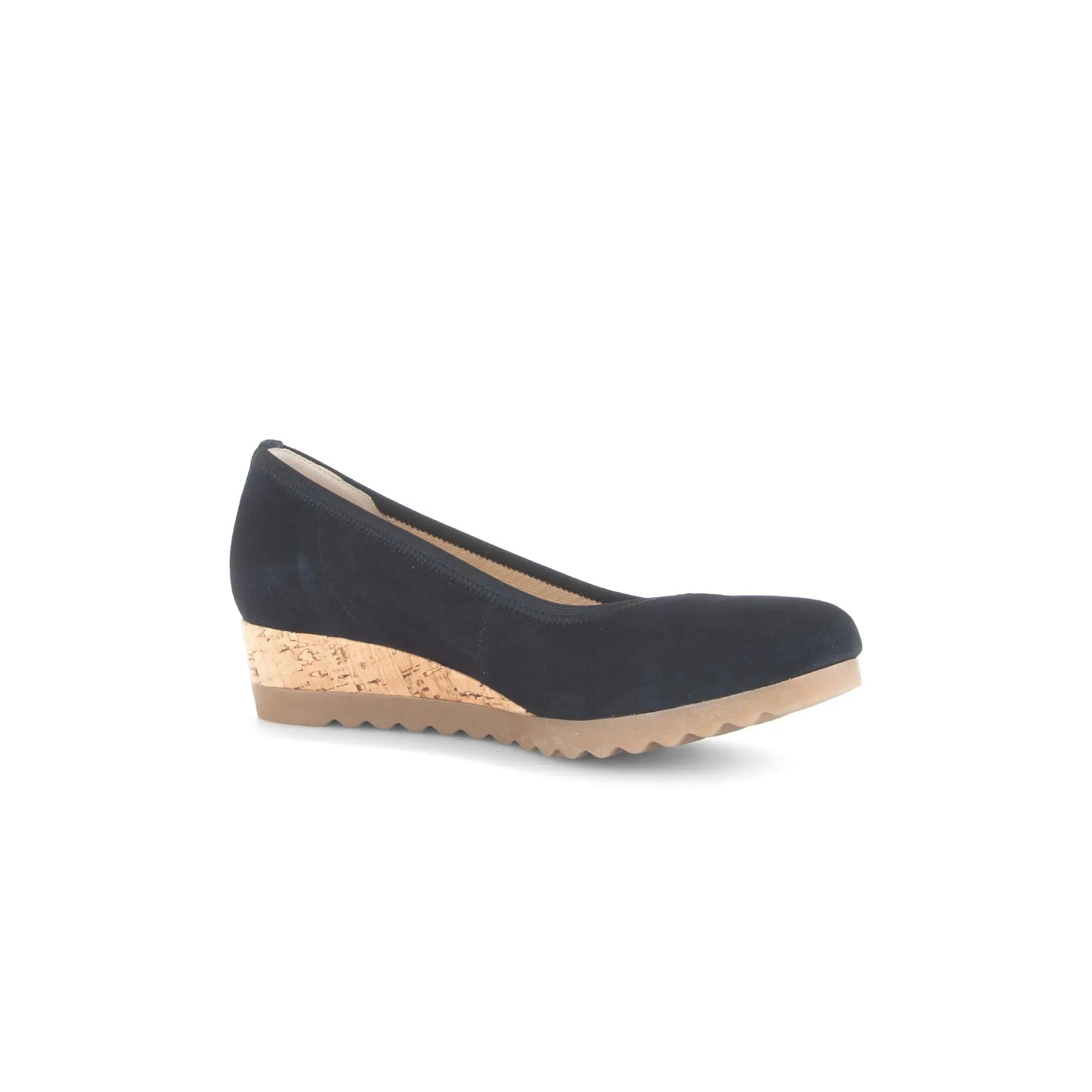 Gabor Epworth women's dark blue suede wedge shoes with elasticated upper and cork detail, non-slip sole.