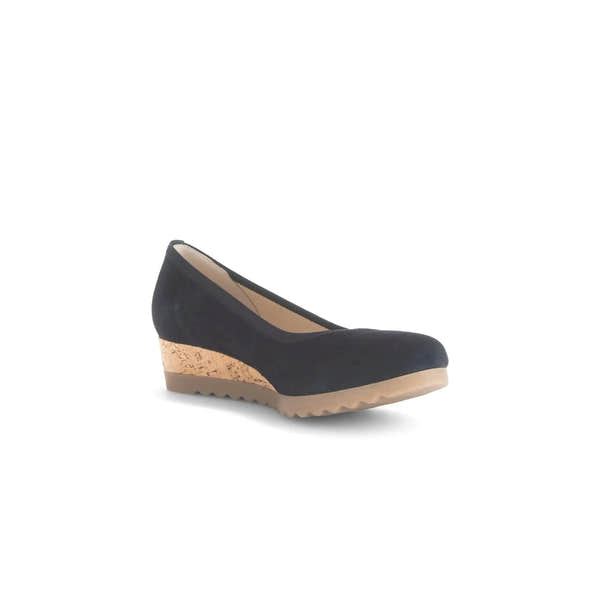 Gabor 82.641.46 Epworth women's dark blue suede elasticated wedge shoes with cork heel and rubber sole.