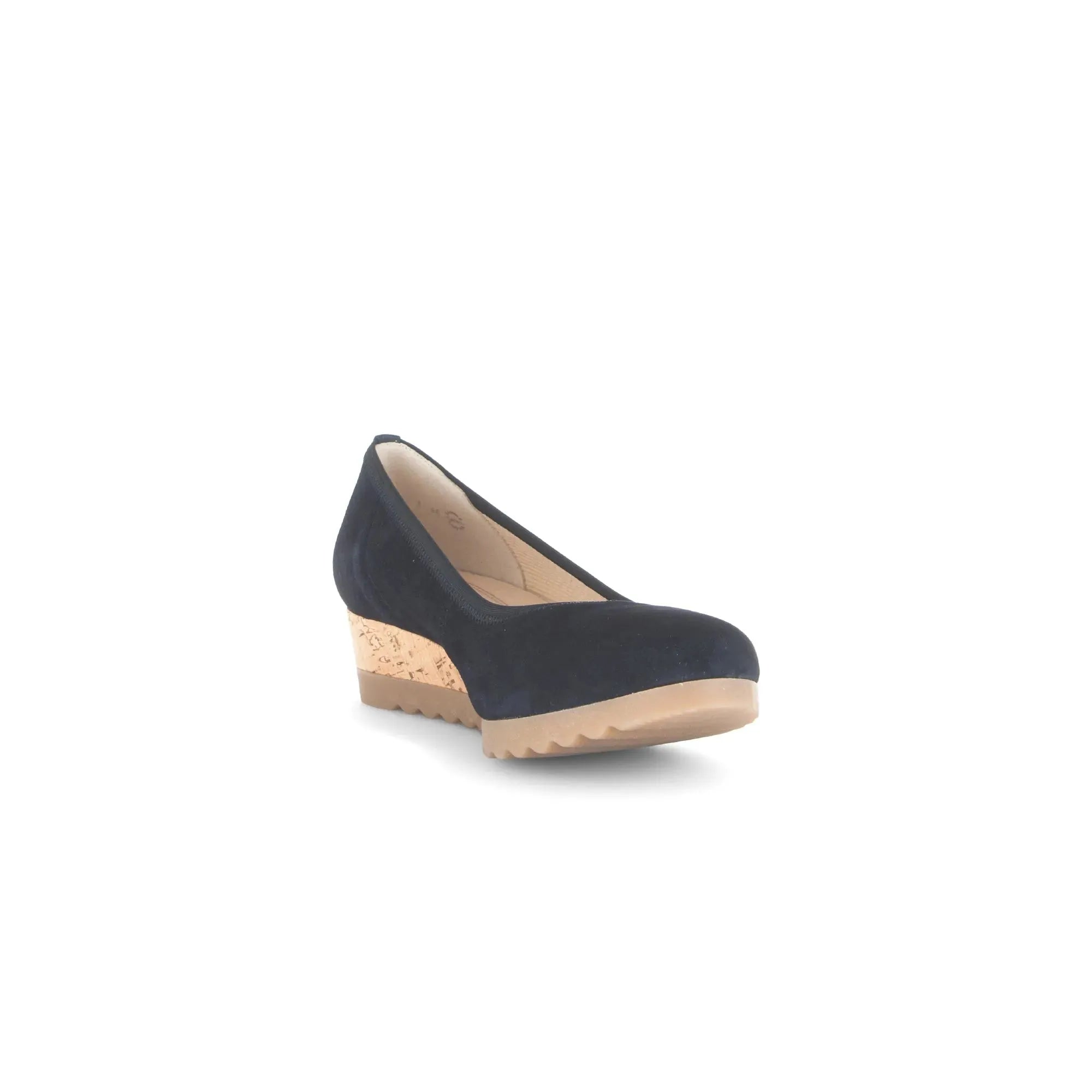 Gabor Epworth women's dark blue suede wedge heel shoe with elasticated sides and cork-style platform.