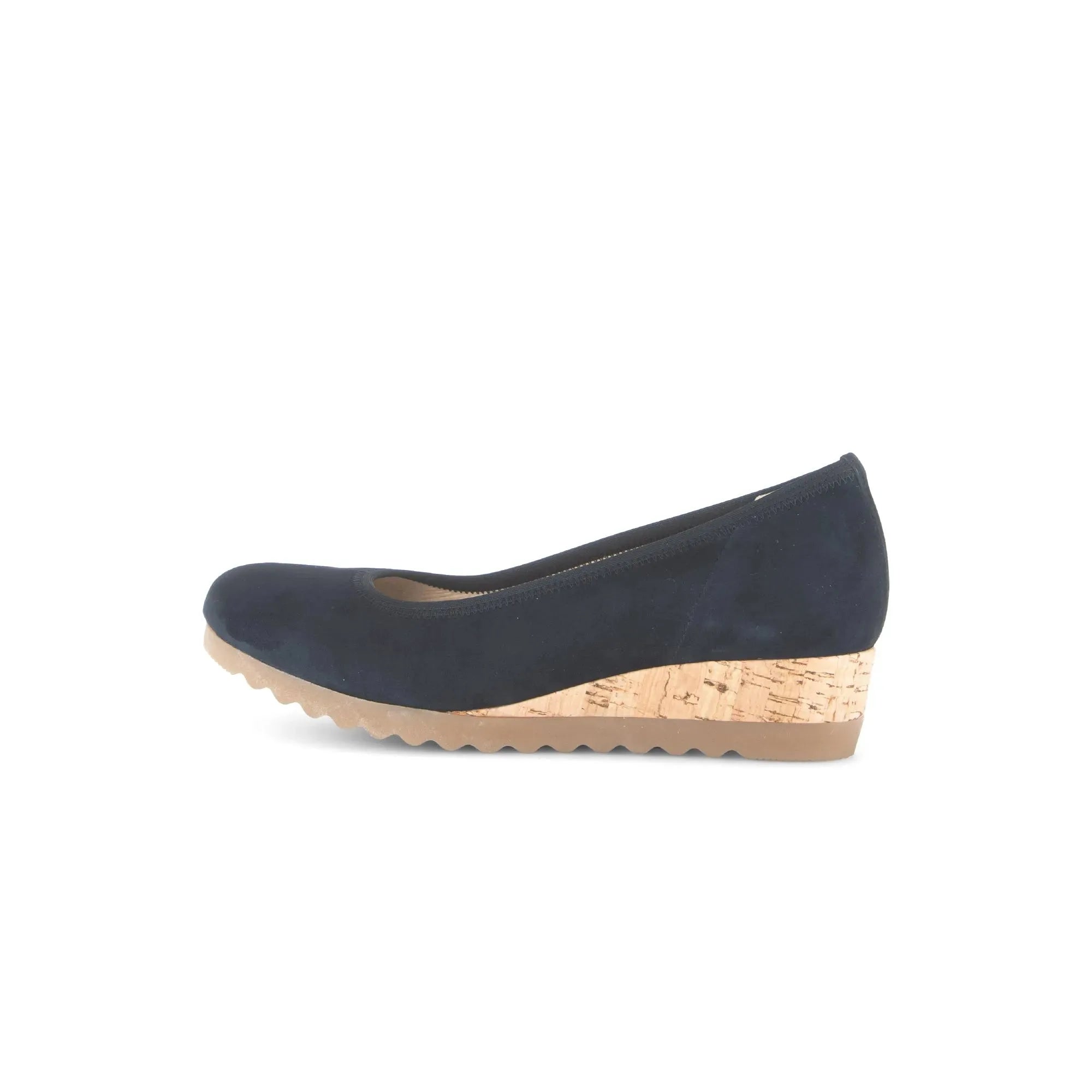 Gabor Epworth women's dark blue suede wedge slippers with elasticized upper and cork heel.