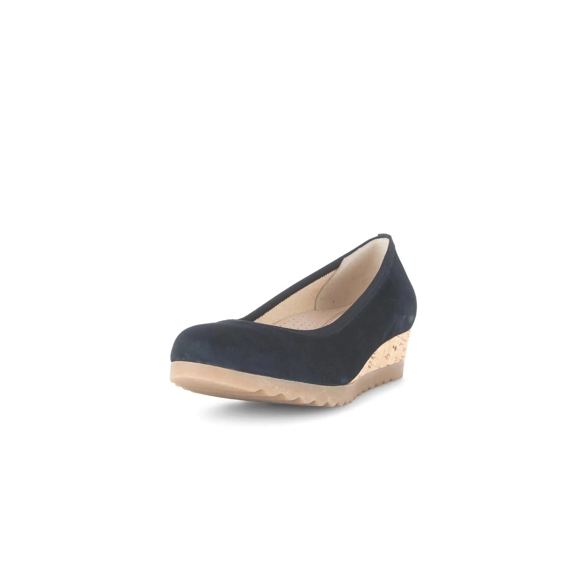 Gabor Epworth Ladies' dark blue suede wedge shoes with elasticated sides and cork heel.